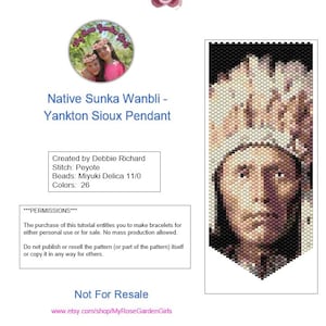 May include: A digital pattern for a Native Sunka Wanbli - Yankton Sioux Pendant. The pattern includes instructions for Peyote stitch using Miyuki Delica 11/0 beads in 26 colors. The image also includes a photo of the designer.