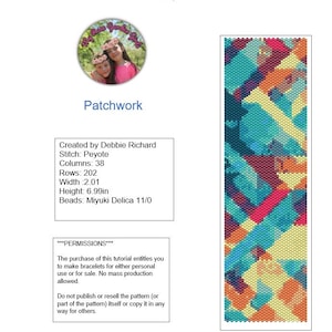 Op de afbeelding: Een kleurrijk kralenarmbandpatroon met een patchwork-ontwerp. Het patroon is gemaakt met peyote-steek en vereist 202 rijen en 38 kolommen. Het patroon is 2,01 inch breed en 6,99 inch hoog. Het patroon is gemaakt met Miyuki Delica 11/0 kralen. Het patroon is niet bedoeld voor wederverkoop.