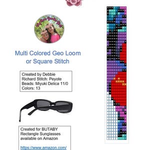 Könnte beinhalten: Ein farbenfrohes geometrisches Perlenmuster in Rot-, Lila-, Blau- und Schwarztönen. Das Design ist ein vertikales Rechteck mit einem floralen Muster oben. Das Bild enthält auch eine schwarze rechteckige Sonnenbrille.