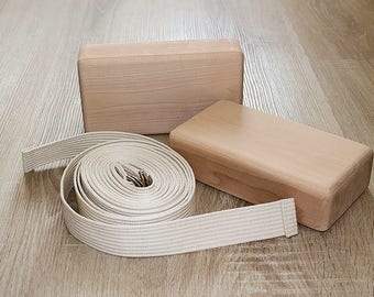 Personal Yoga Set. Two wooden yoga blocks and cotton yoga strap. Superior non-stretch 100% cotton twill with metal D-rings buckle