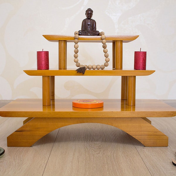 Puja table. meditation shrine. Prayer table. meditation altar. tea table Buddhist altar. Japanese table. Zen altar. Altars. Shrines