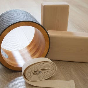 Personal Yoga Set. 8&#39;&#39; Yoga wheel, two wooden yoga blocks and cotton yoga strap. Yoga roller. Yoga block. Yoga strap.