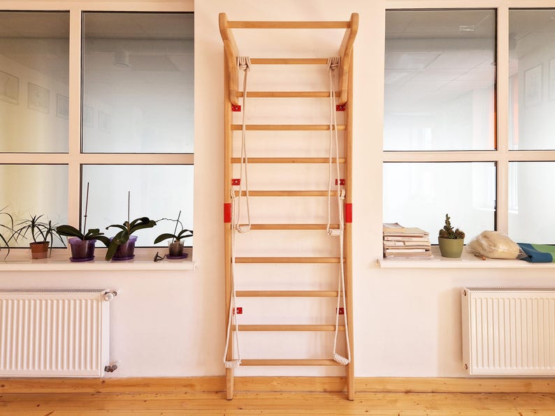 May include: A wooden wall-mounted Swedish ladder with horizontal rungs and hanging ropes. The ladder is made of light-colored wood and has red accents. It is positioned against a white wall, with windows and plants in the background.