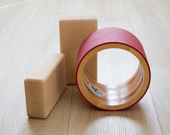 Personal Yoga Set. 8'' Yoga wheel and two wooden yoga blocks. Yoga roller. Yoga block.