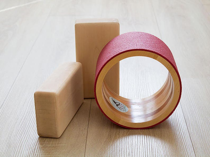 Personal Yoga Set. 8'' Yoga wheel and two wooden yoga blocks. Yoga roller. Yoga block. image 1