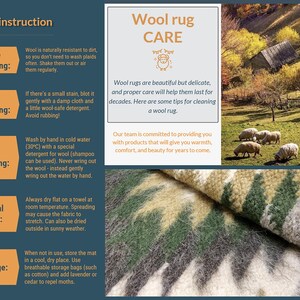 May include: A guide to cleaning wool rugs with instructions for gentle cleaning, spot cleaning, hand washing, natural drying, and storage. The guide includes tips for caring for wool rugs and mentions that wool is naturally resistant to dirt. The image also features a close-up of a wool rug with a green, brown, and white pattern.