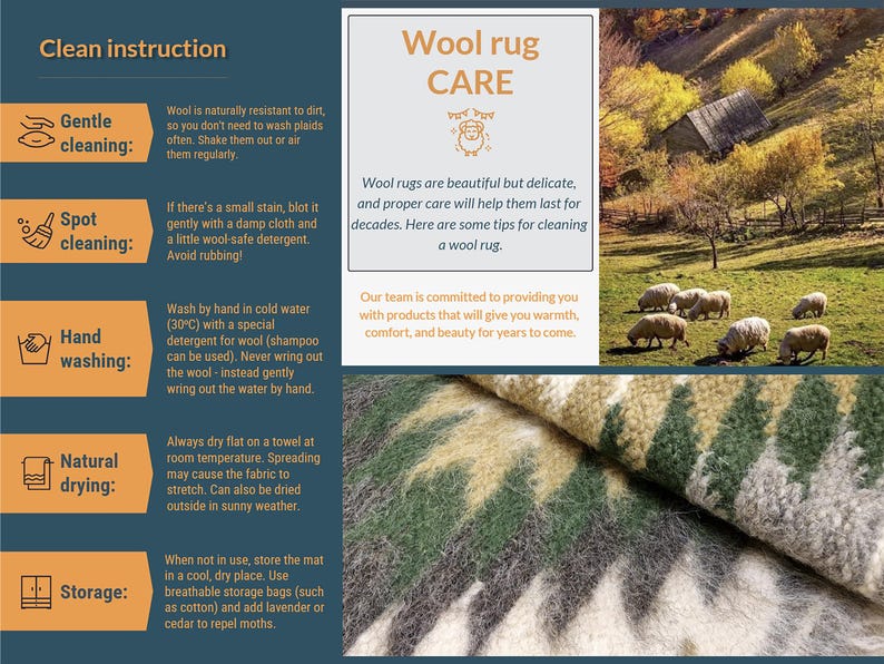 May include: A guide to cleaning wool rugs with instructions for gentle cleaning, spot cleaning, hand washing, natural drying, and storage. The guide includes tips for caring for wool rugs and mentions that wool is naturally resistant to dirt. The image also features a close-up of a wool rug with a green, brown, and white pattern.