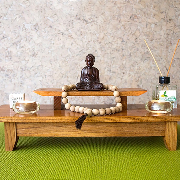 Mesa Puja. Santuario de meditación. Mesa de oración. Altar de meditación. Mesa de té. Altar budista. Mesa japonesa. Altar zen.