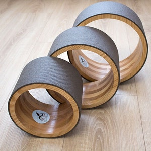 ECO Yoga wheel set 8&quot;, 10&quot;,12&quot;. Wooden yoga wheel. Wheel covered with gray yoga mat. Wooden circle
