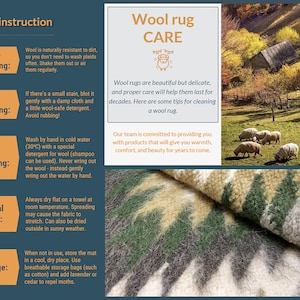 May include: A guide to cleaning wool rugs with instructions for gentle cleaning, spot cleaning, hand washing, natural drying, and storage. The guide includes tips for caring for wool rugs and mentions that wool is naturally resistant to dirt. The image also features a close-up of a wool rug with a green, brown, and white pattern.