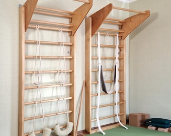 Wooden Swedish Ladder for Home Gym and Yoga | Portable Horizontal Bar | Pilates & Back Stretching Wall Bars | Fitness Decor Ropes and Straps
