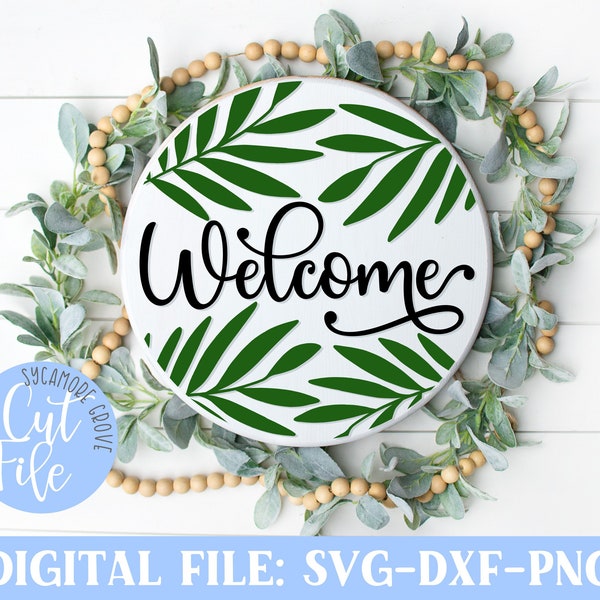 Round Welcome svg, Tropical Leaves svg, Circular Door Hanger svg, Silhouette, Cricut, Laser Friendly, DIGITAL CUT FILE