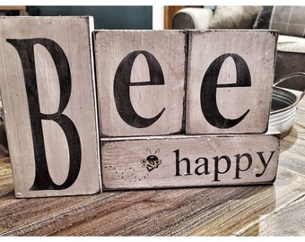 Be happy Wooden Block Set-Primitive-Primitive decor-Home Decor-Wooden Word Block bee decor Decor-Spring Primitive decor-spring Block Set