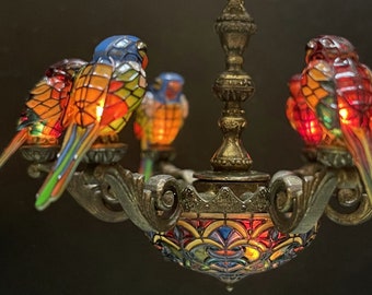 Dollhouse Miniature Tiffany Style Parrot Chandelier, 1/12 Scale Miniature Lighting
