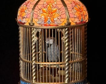 Dollhouse Birdcage Lamp: Tiffany-Style Stained Glass, Lighted Miniature Cage
