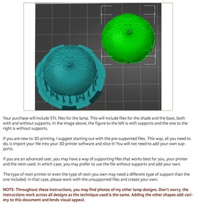 K&ouml;nnte beinhalten: Zwei 3D-gedruckte Lampendesigns, eines mit St&uuml;tzen und eines ohne. Das Bild zeigt den Unterschied zwischen dem Drucken mit und ohne St&uuml;tzen.  "Let's get started" steht oben im Bild.