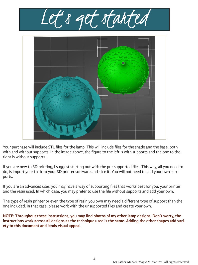 K&ouml;nnte beinhalten: Zwei 3D-gedruckte Lampendesigns, eines mit St&uuml;tzen und eines ohne. Das Bild zeigt den Unterschied zwischen dem Drucken mit und ohne St&uuml;tzen.  "Let's get started" steht oben im Bild.