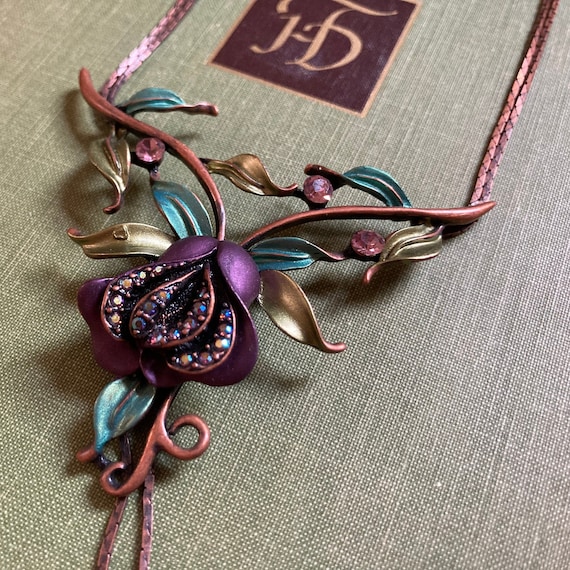 Unique Copper Chain Statement Flower Pendant Neck… - image 3