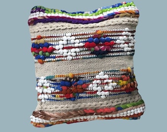 Handwoven Recycled Cotton Cushion Cover: Fair Trade Pom Pom Pillow