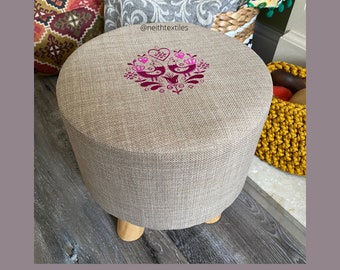 Embroidered Footstool – Skandi Style Wooden Leg Rest for Living Room