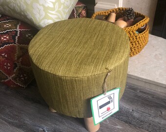 Olive Green Footstool | Wooden Leg Foot Stool | Removeable Cover