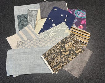 Mixed Fabric Off Cuts Bundle: Grey & Blue Tones, Crafting Scraps