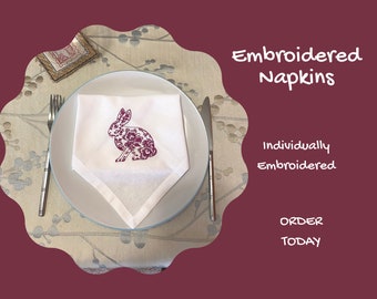 Embroidered Cotton Napkins: Pink Rabbit Design, Easy Care
