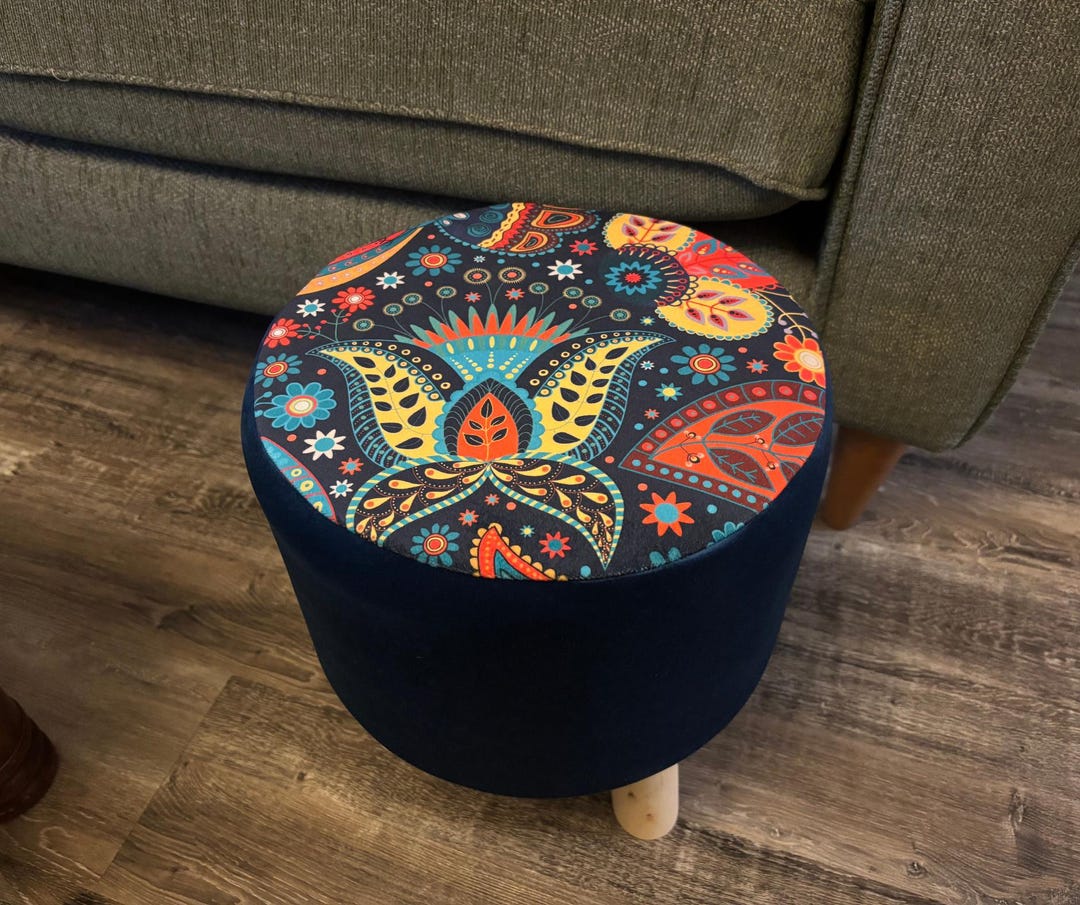 Hand-covered Round Bohemian Footstool | Luxury Funky Foot Rest With ...