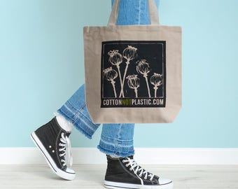Strong Cotton Canvas Shopping Bag | Cream Eco Friendly Retro Carryall | Durable Fabric Grocery Carrier | Large Printed Shoulder Tote