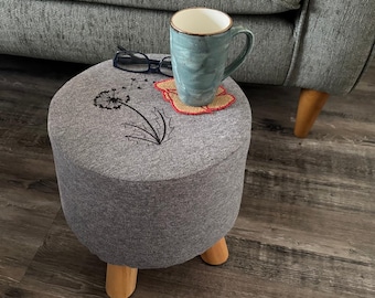 Embroidered Footstool: Modern Grey Ottoman, Wooden Leg Rest