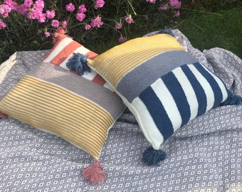 Coastal Knitted Cushion Cover – Striped Nautical Pillow for Beach Hut Decor
