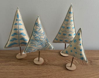 Skandi Christmas Trees: Embroidered Pale Blue Design, Set of 4