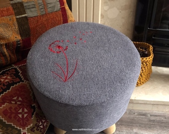 Modern Embroidered Footstool | Small Round Footstool With Handcrafted Removable Cover