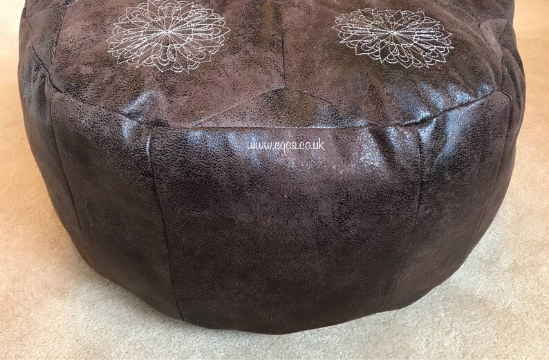 Embroidered Footstool Large Leatherette Pouffe Moroccan Ottoman Cover Brown Floor Cushion Handmade Seating Round Dog Bed