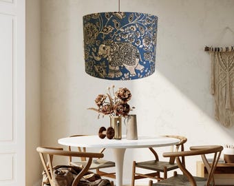 Bohemian Elephant Lampshade | Handmade  Blue Drum Lamp Shade | Boho Lighting
