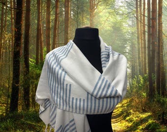 Handwoven Cotton Scarf With Tassels | White And Blue Summer Sarong And Hijab