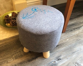 Grey Footstool With Embroidered Abstract Dandelion And Waxed Wooden Legs