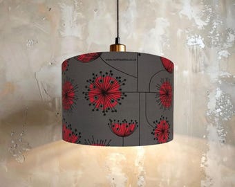 Red Dandelion Lampshade: Block Print Floral Drum Shade