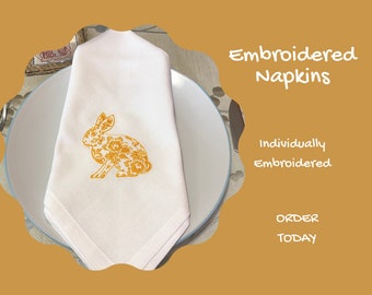 Embroidered Cotton Napkins: Yellow Rabbit Design