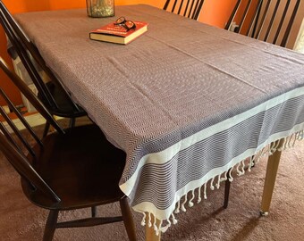 Burgundy And Cream Cotton Woven Tablecloth With Cream Tassels