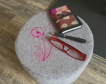 Unique Modern Footstool Embroidered With A Pink Dandelion Design