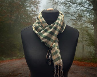 Handwoven Striped Scarf: Green Egyptian Cotton Lightweight Shawl