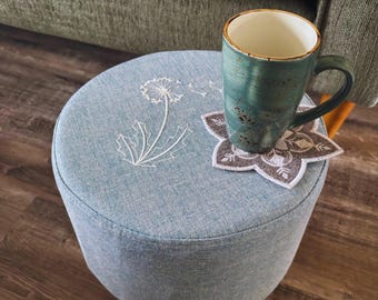 Blue Footstool with Dandelion Embroidery: Washable Cover, Beeswax Finish