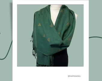 Handwoven Green Scarf: Embroidered Lotus Flower Egyptian Cotton Shawl