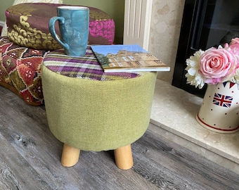Hand Covered Tartan Footstool: Rustic Padded Seat, Wooden Legs