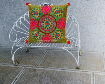 Embroidered Cushion Cover – Faux Silk, Fair Trade, Colourful Accent Pillow