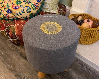 Small Round Footstool With Embroidered Sunflower | Washable Removeable Cover
