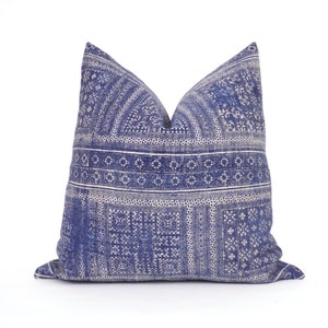 Hmong Hemp Pillow Cover, 22x22, Hmong Pillow, Blue Hmong Pillow, Batik Pillow, Blue Throw Pillow, Boho Pillow