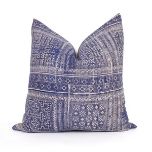 Hmong Hemp Pillow Cover, 22x22, Blue Hmong Pillow, Blue Throw Pillow, Batik Pillow, Hmong Pillow, Boho Pillow