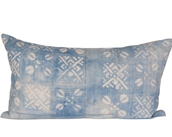 Faded African Indigo Lumbar Pillow, 14x24, Mudcloth Lumbar, Boho Pillow, Blue Cushion, Denim Pillow, African Indigo Pillow, Blue Mudcloth